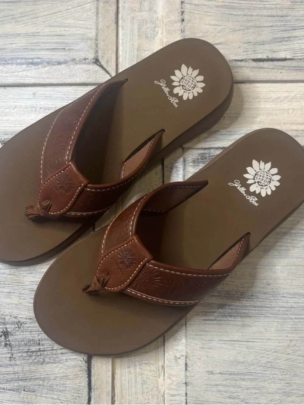 Yellow Box Brown Leather-Style Thong Sandals - Picture 1 of 3